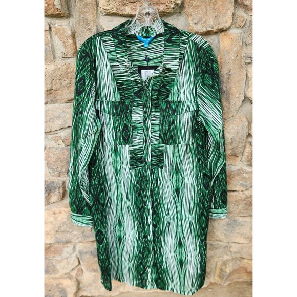 New with Tags! Derek Lam Green & White Wood Grain Pattern Shirt Dress Size L - Picture 1 of 10